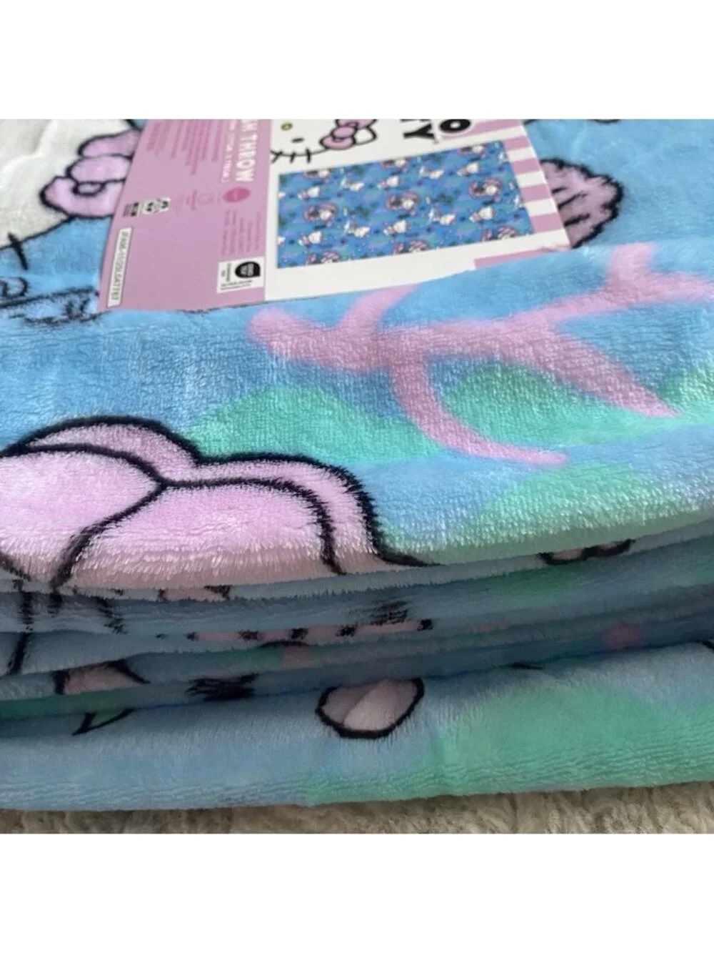 Hello Kitty Mermaid Dolphin Jellyfish Soft Throw Blanket Blue Pink 50” X 70” NEW