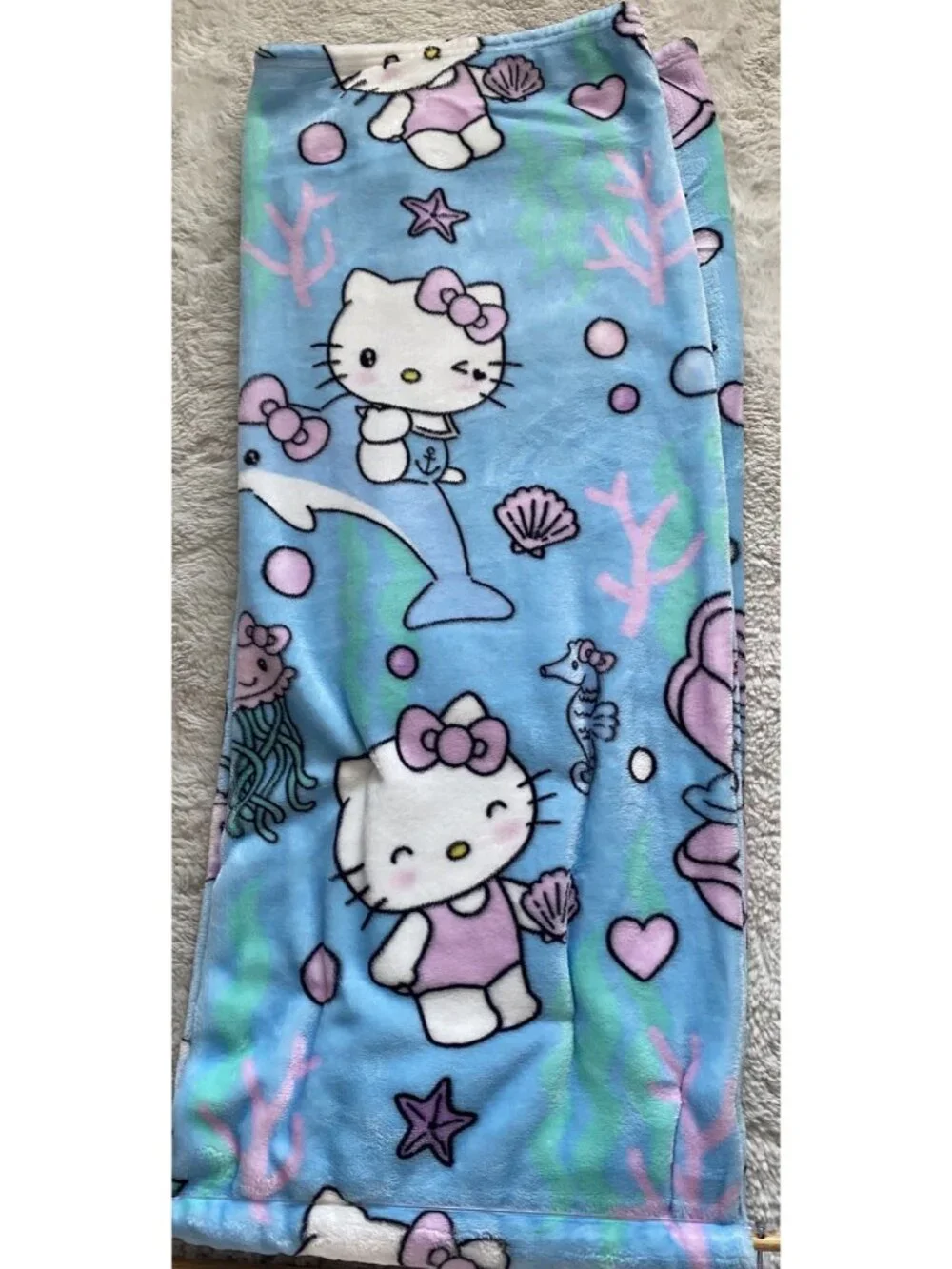 Hello Kitty Mermaid Dolphin Jellyfish Soft Throw Blanket Blue Pink 50” X 70” NEW