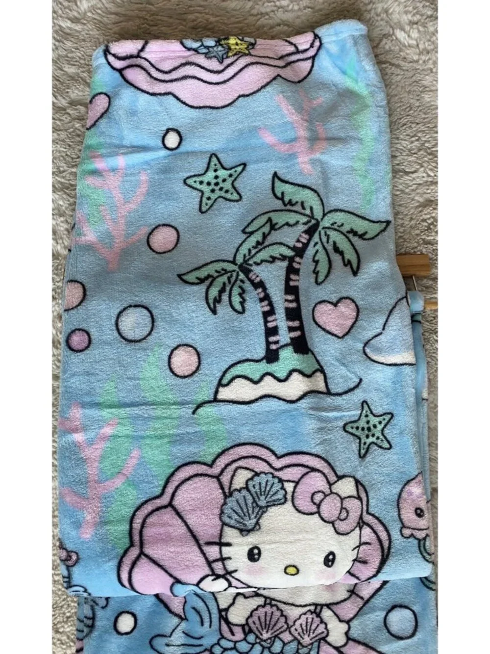 Hello Kitty Mermaid Dolphin Jellyfish Soft Throw Blanket Blue Pink 50” X 70” NEW