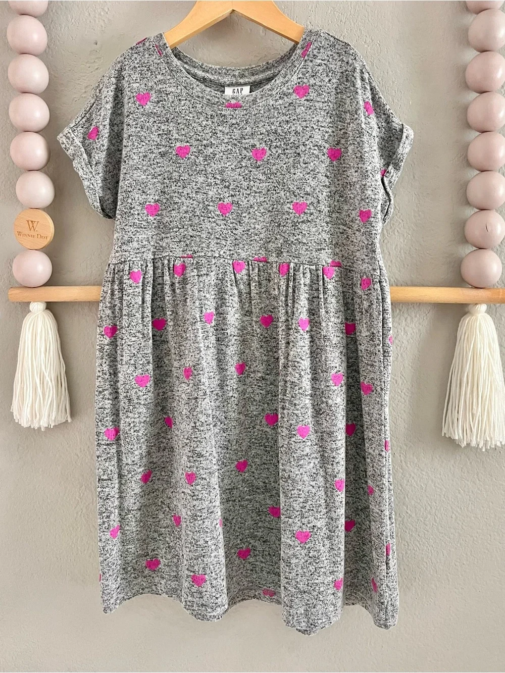 GAP Gray Knit Dress with Hot Pink Heart Print
