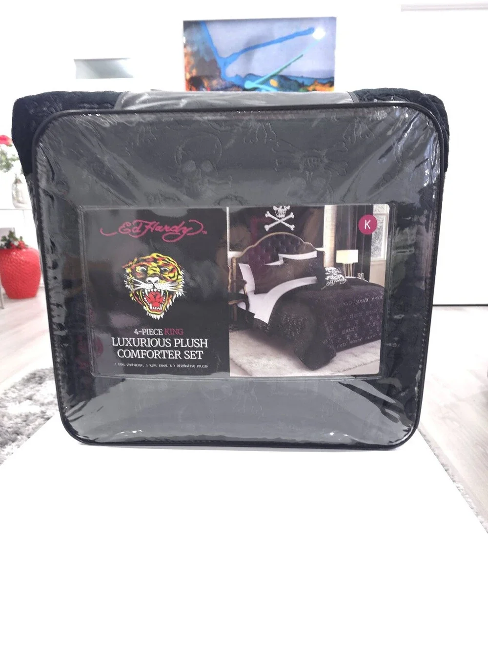 Ed Hardy KING 4-Piece Skull Embossed Black Comforter Set Set