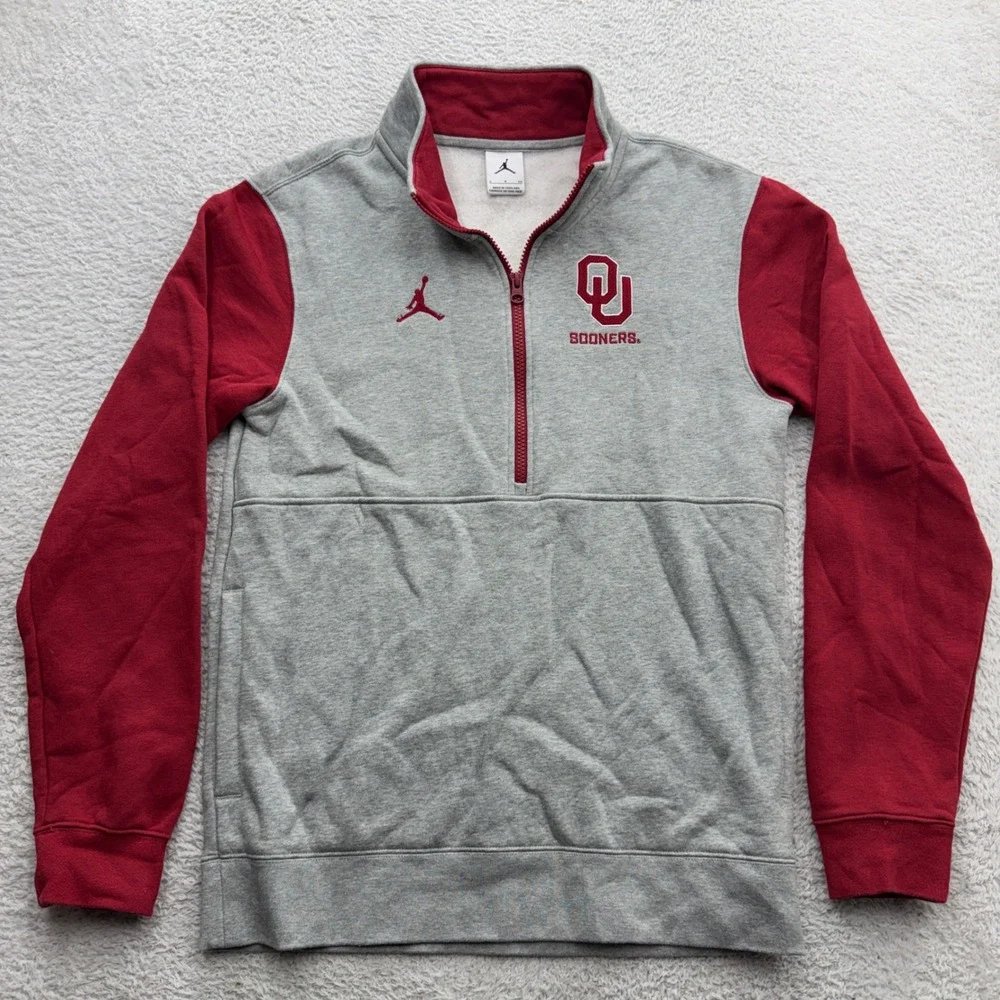 Jordan Oklahoma Sooners Quarter Zip Pullover Grey Crimson Mens Small NCAA Fleece