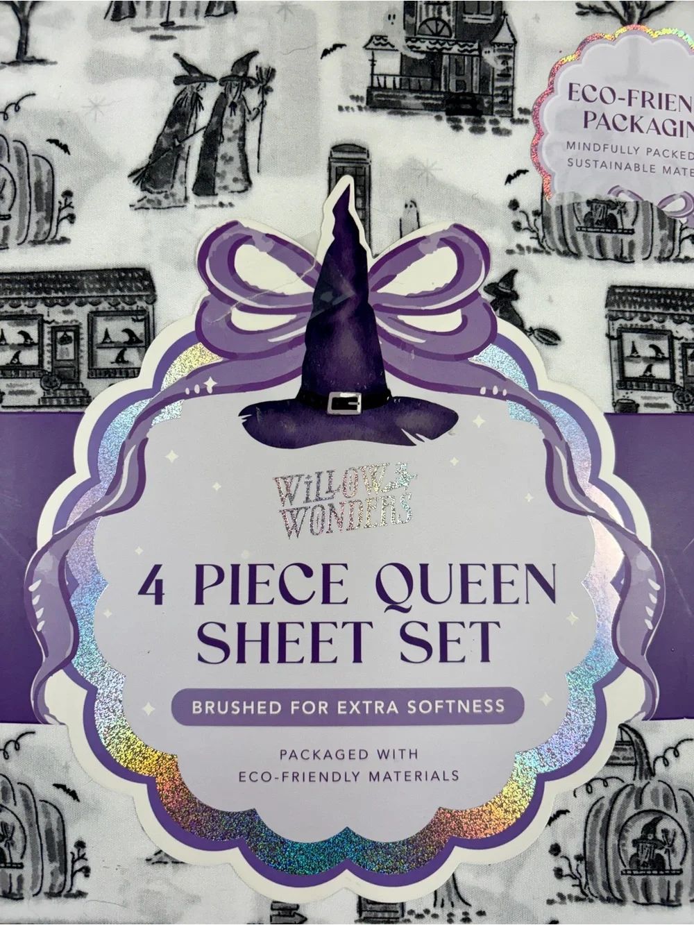 Halloween Witch & Friends Spooky Town Black & White Queen 4-Piece Sheet Set, NEW