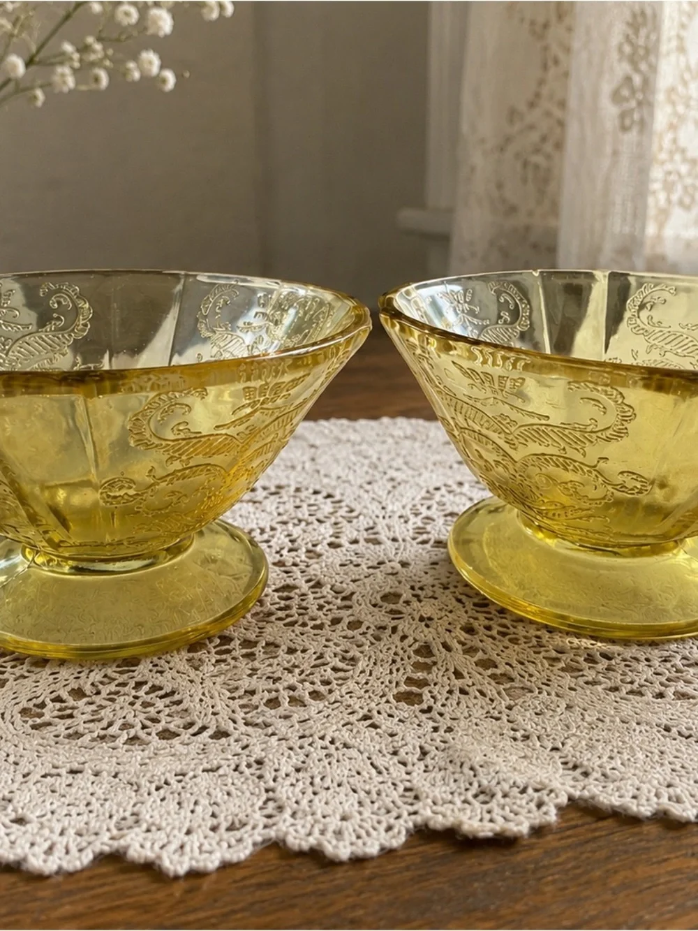 Vintage Amber Pressed Glass Footed Sherbet Dessert Bowls Set of 2 Floral Scroll