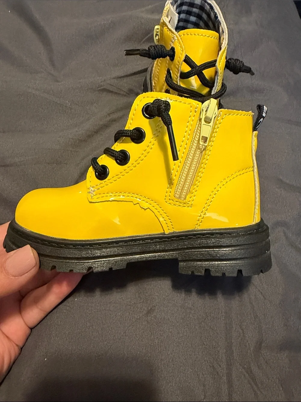 Yellow Kids Lace-Up Glossy Ankle Boots