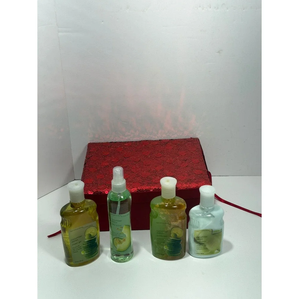 Bath & Body Works Cucumber Melon‎ Pleasures Vintage Gift Set  Sequin Box 4pc