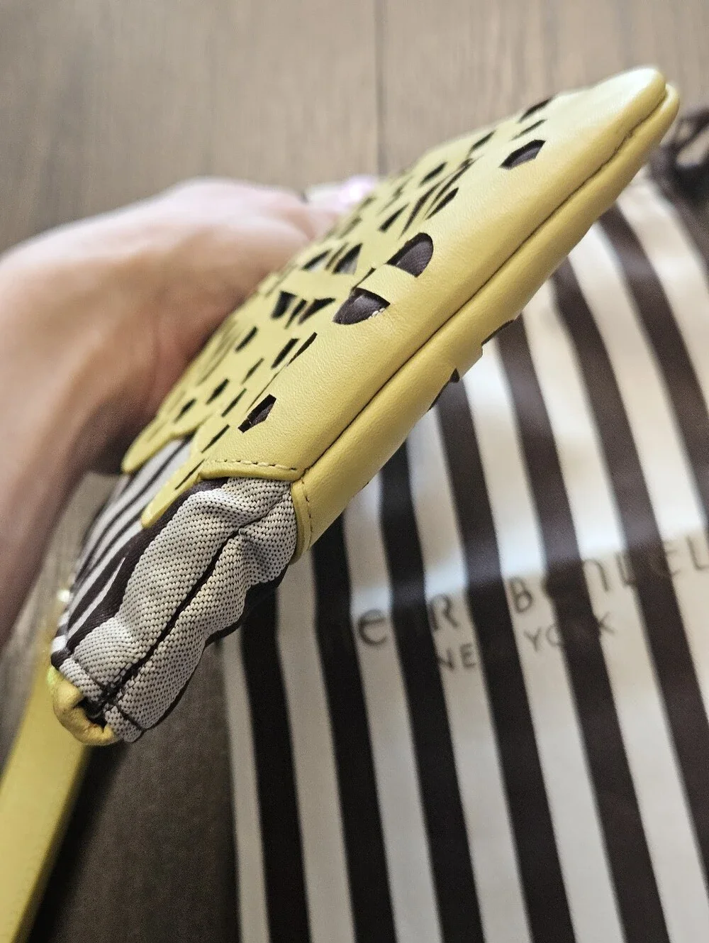 Henri Bendel Vibrant Yellow Laser Cut Floral Wristlet Clutch + Dust Bag