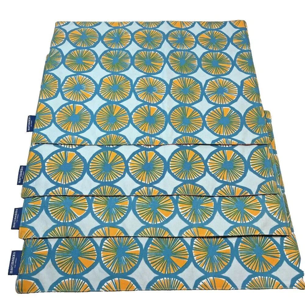 Marimekko Reversible Floral Placemats Set 4 Blue Mod Retro Bright Colorful 14x19