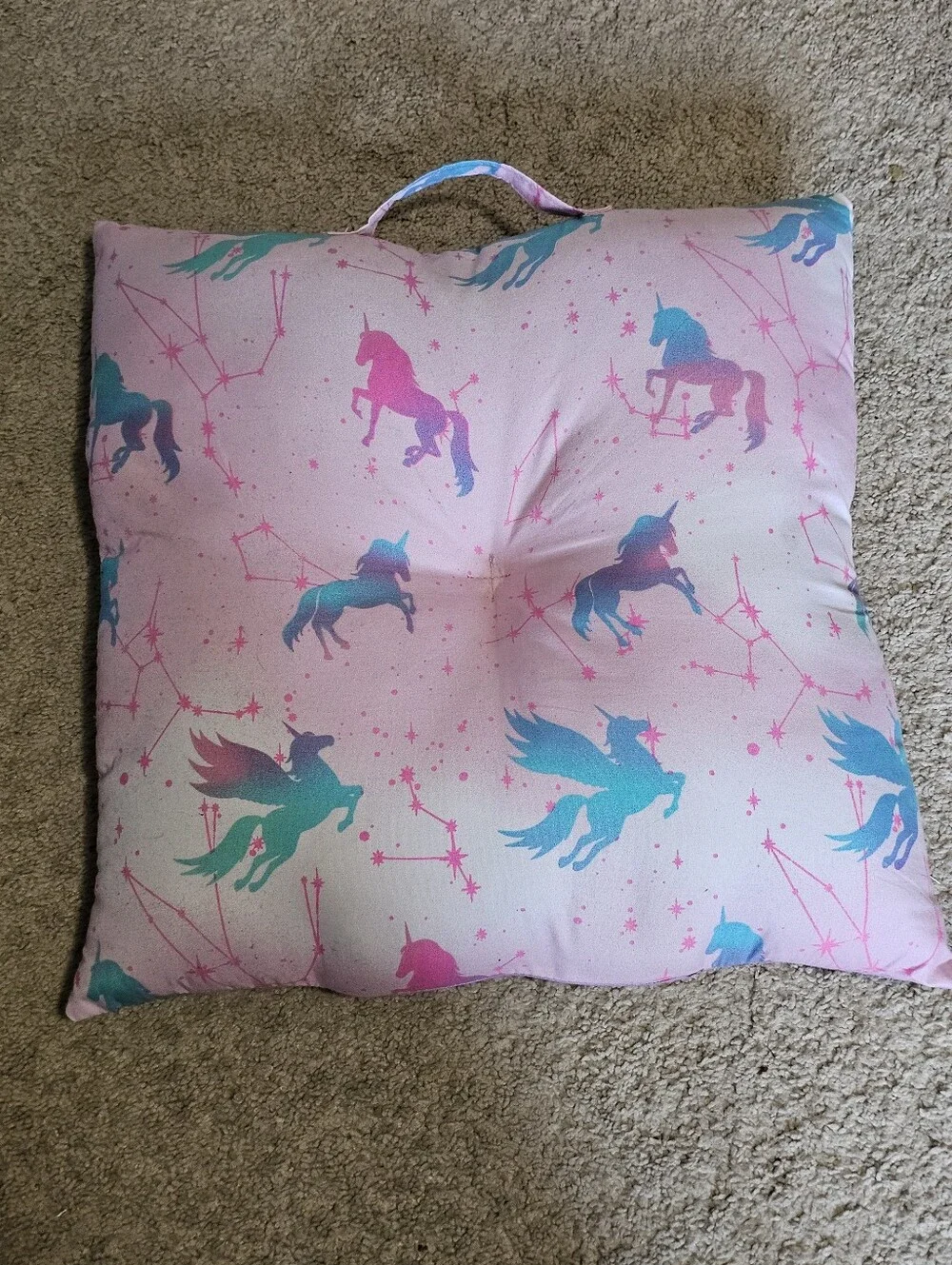 Chair Cushion Throw Pillow W/ Handle 17 X 17 - Unicorn & Stars Design