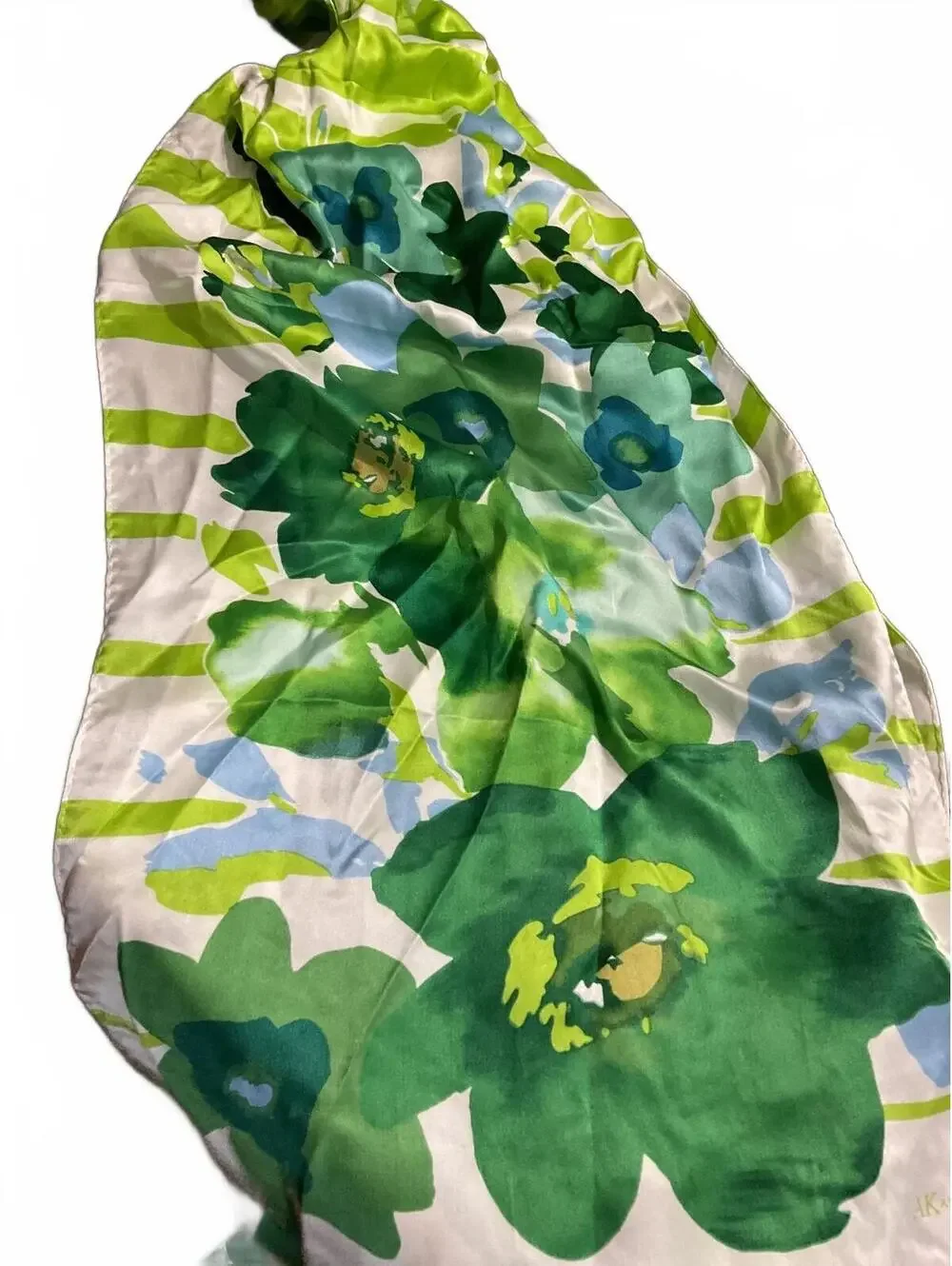 Anne Klein 100% Silk Floral Scarf with Green and Blue Pattern