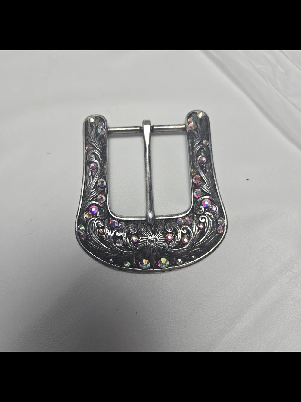 Ariat Silver Floral Western Belt Buckle with Pink/Iridescent Crystals