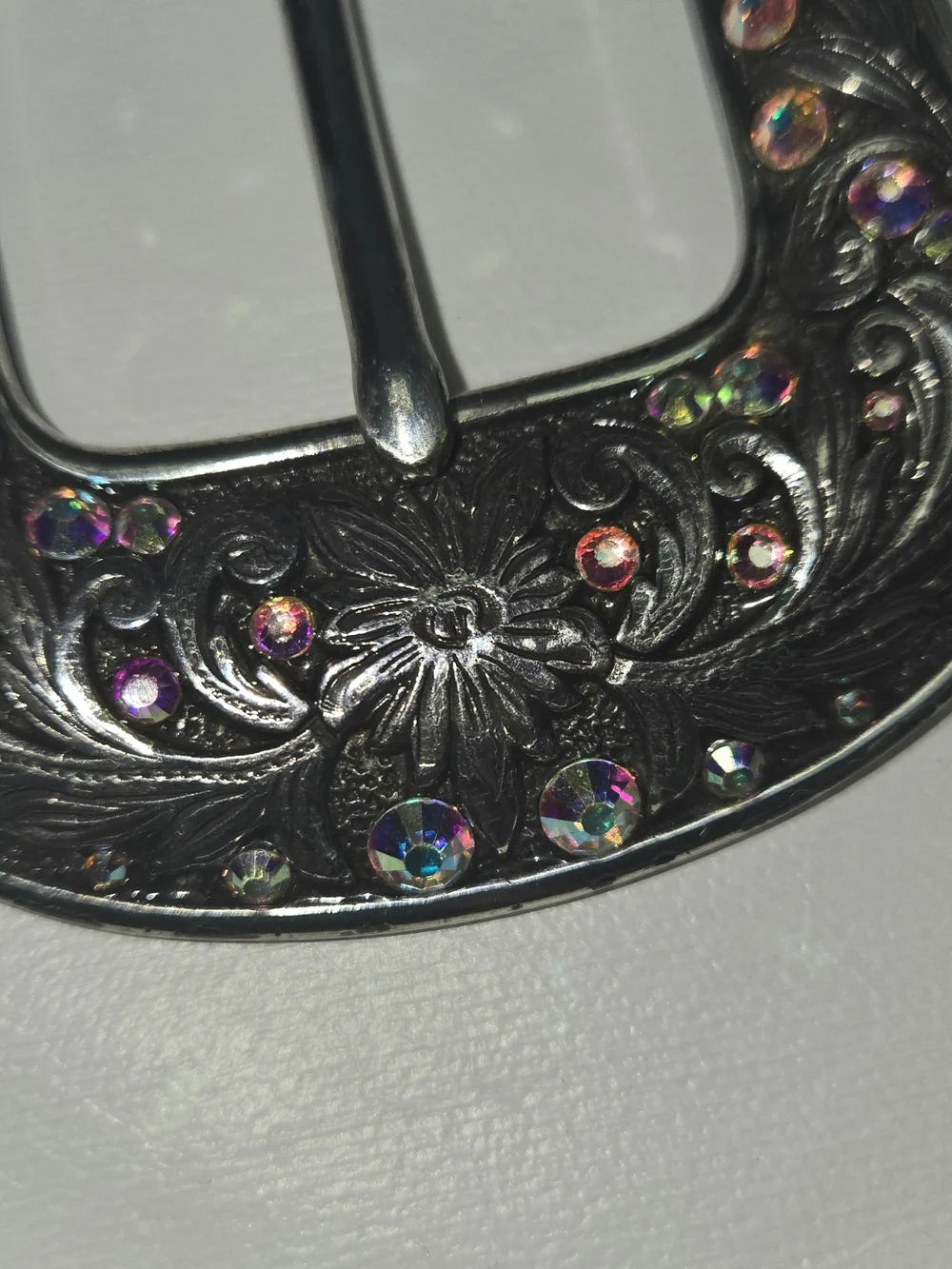 Ariat Silver Floral Western Belt Buckle with Pink/Iridescent Crystals