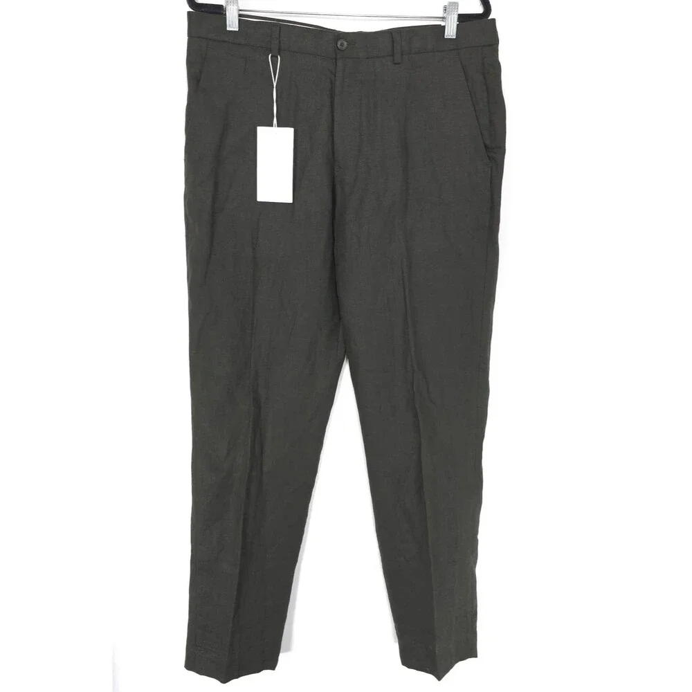 ZARA Mens New 32X30 Dress Pants 100% Linen Olive Green Straight Leg Tailored