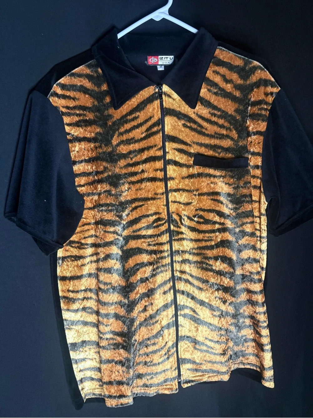 Vintage Tiger-Print Zip Front Top in Black and Orange