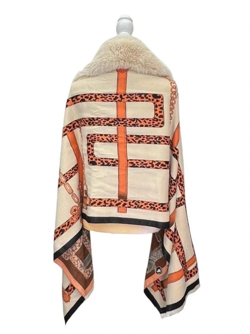 La Fiorentina Wrap with Faux Fur Trim Scarf Camel/Orange 72”x24” Leopard New NWT
