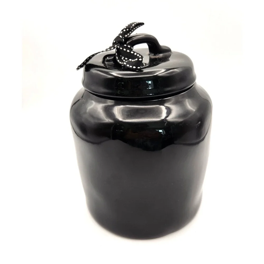Rae Dunn FANGS FOR THE MEMORIES Chubby Ceramic Canister Halloween Black Orange