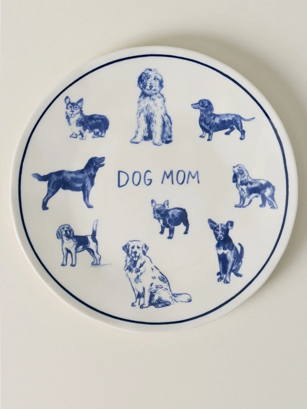 Anthropologie Stoneware Dog Mom Plate Dessert Molly Hatch New White Blue 8.25”