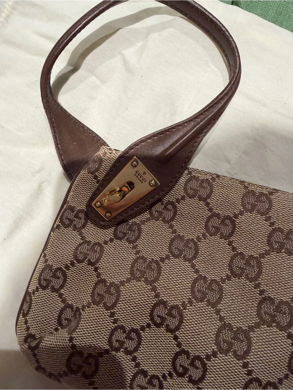 Gucci Brown GG Canvas Clutch Bag with Gold-Tone Lock