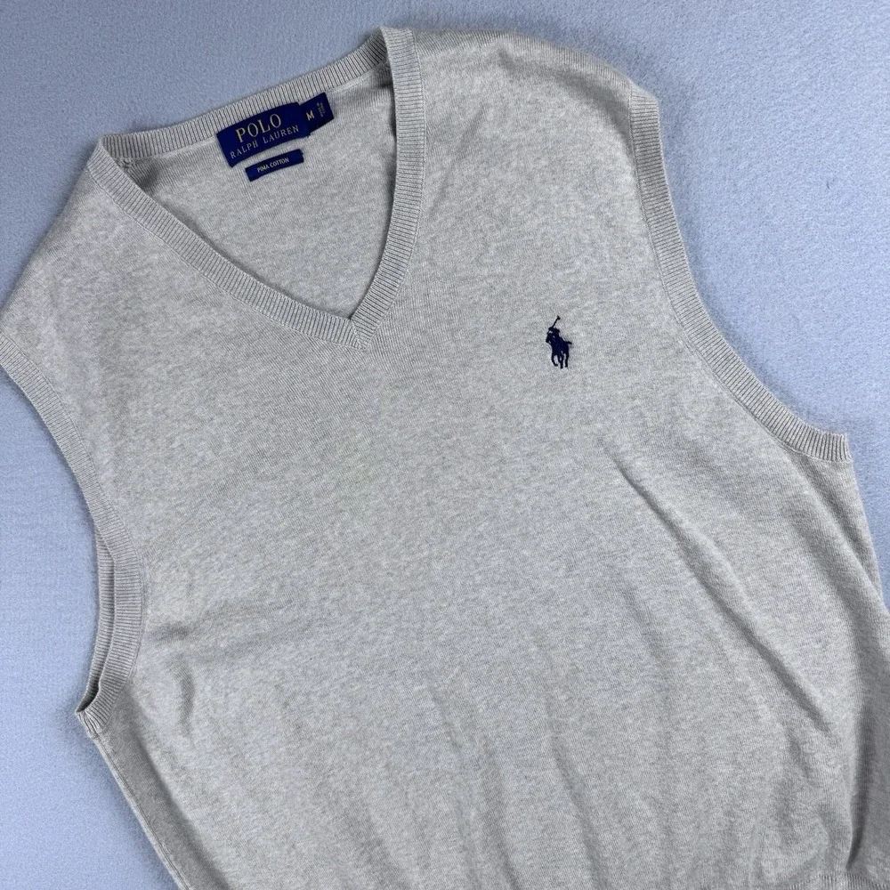 Polo Ralph Lauren Pima Cotton Vest Men M Tan Golf Preppy Pony Stretch V‎ Neck