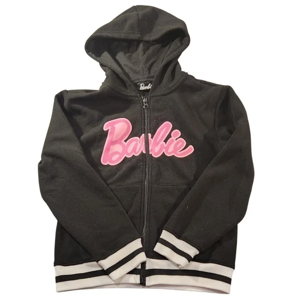 Barbie Hoodie Girls Size 8 Black Full Zip Fleece‎ Logo Graphic Sweatshirt