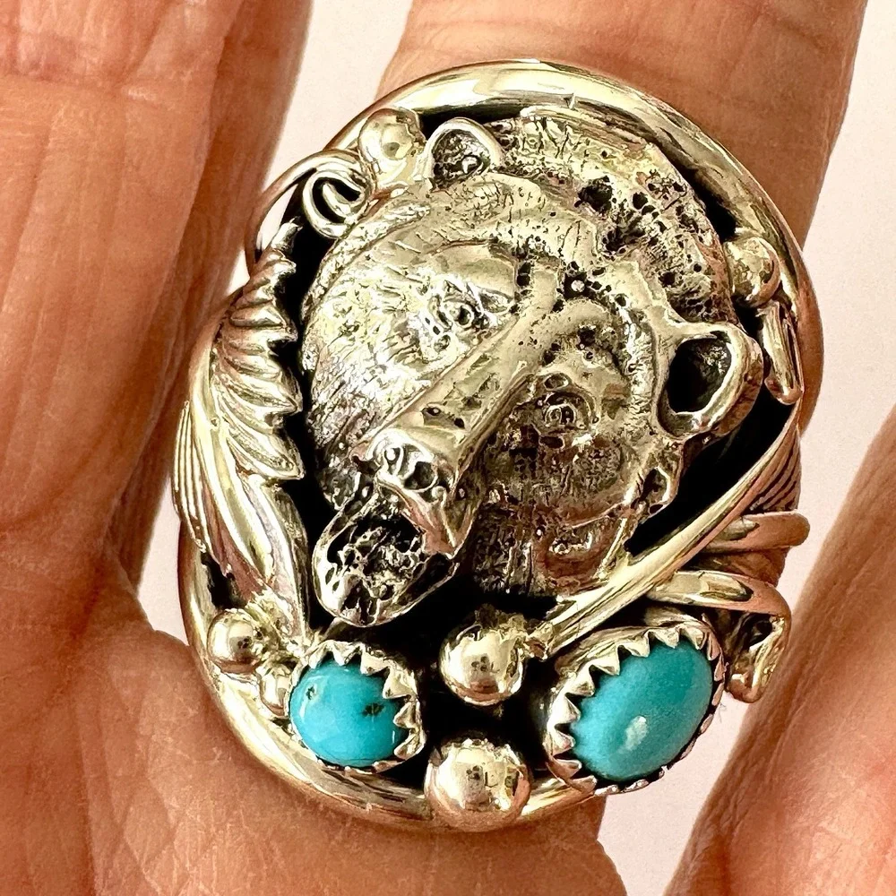 Bear Head Navajo Mens Ring Kingman Turquoise Sz 11 Sterling Signed‎ Sanders