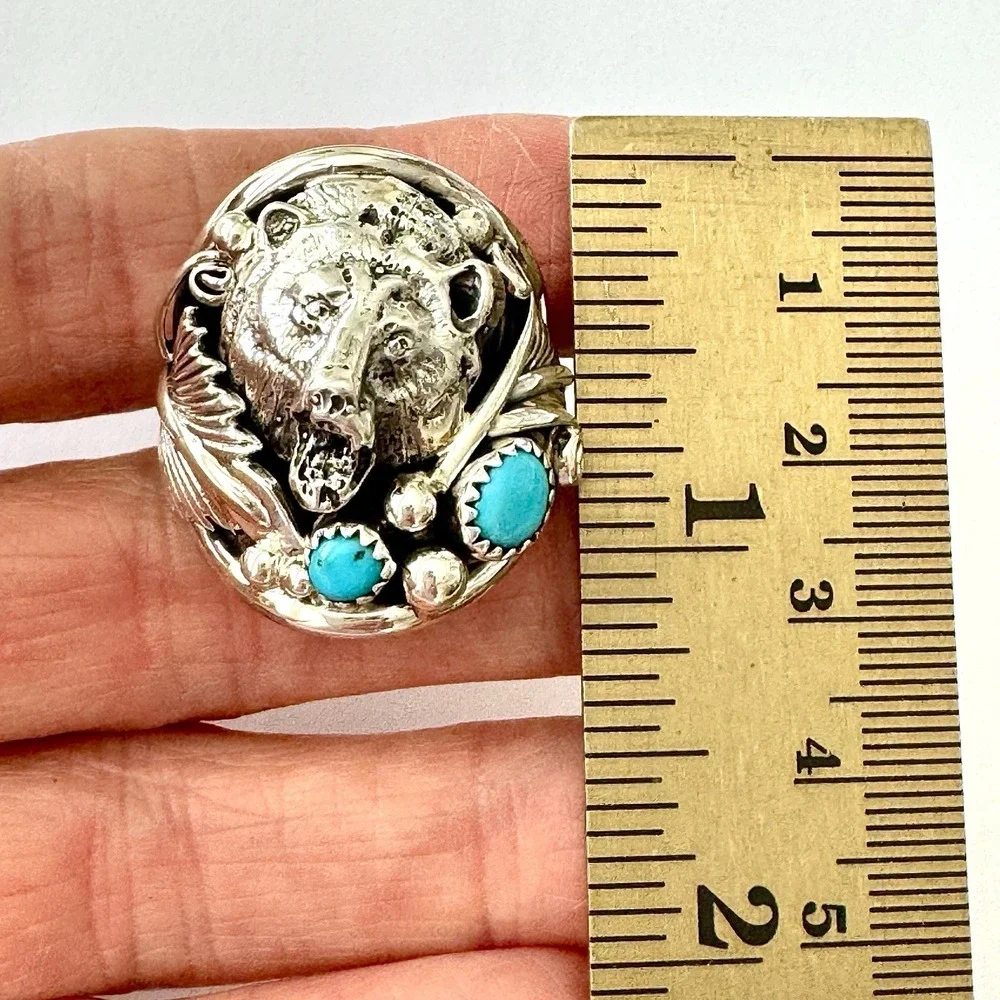 Bear Head Navajo Mens Ring Kingman Turquoise Sz 11 Sterling Signed‎ Sanders