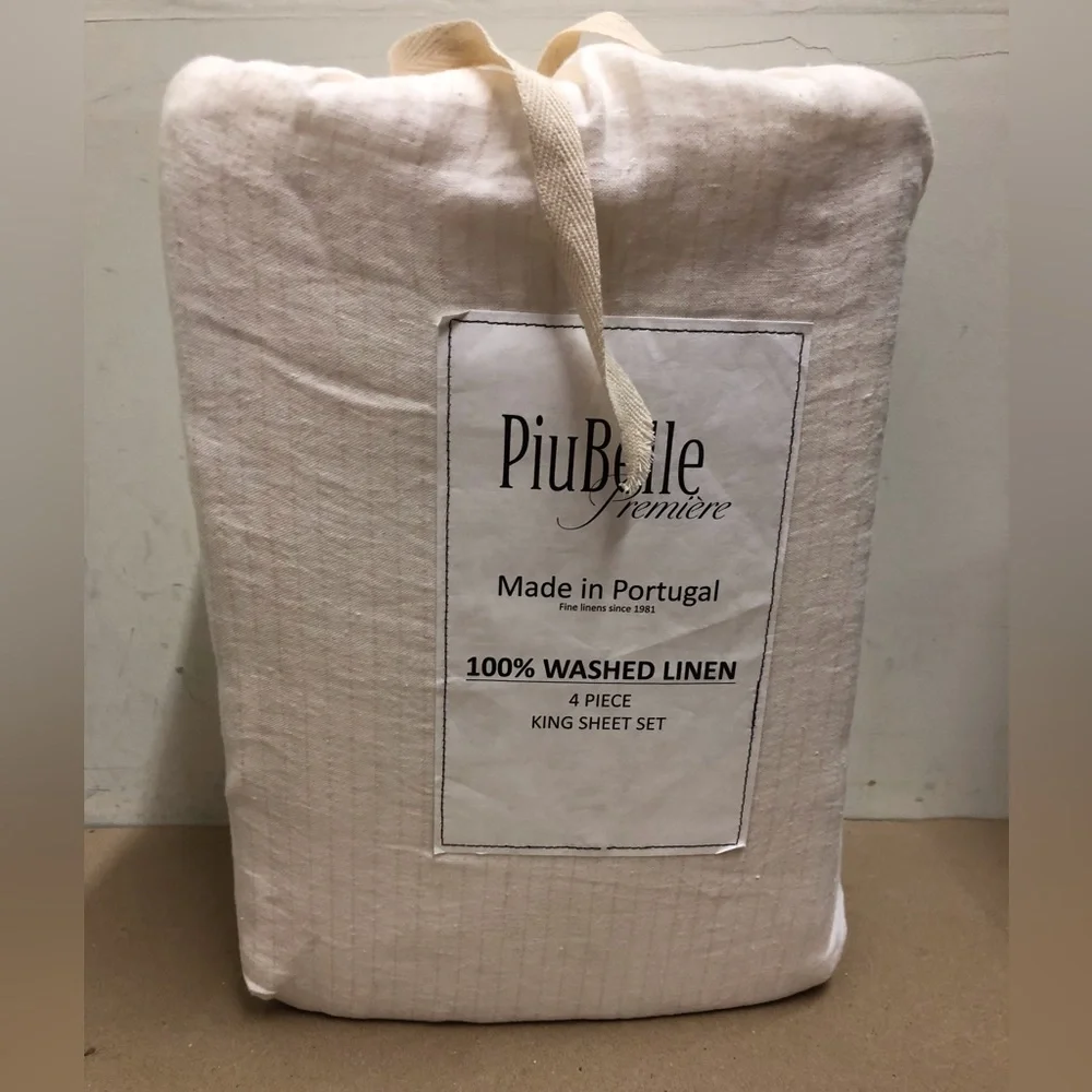 PiuBelle Ivory with Pink Stripe Linen King Sheet Set