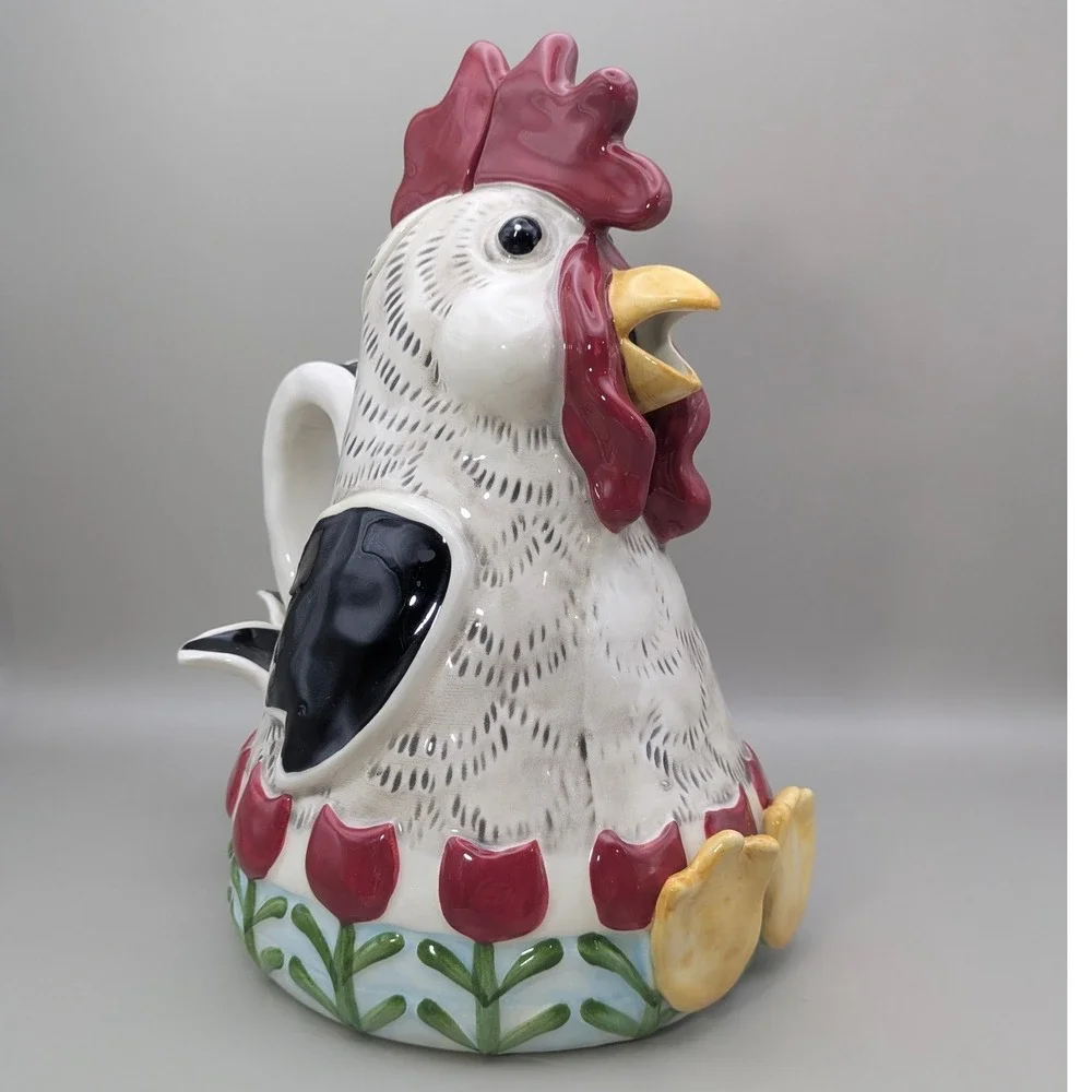 Blue Sky Heather Goldminc Rooster Teapot‎ Ceramic Farmhouse Tulip 2018 White Red