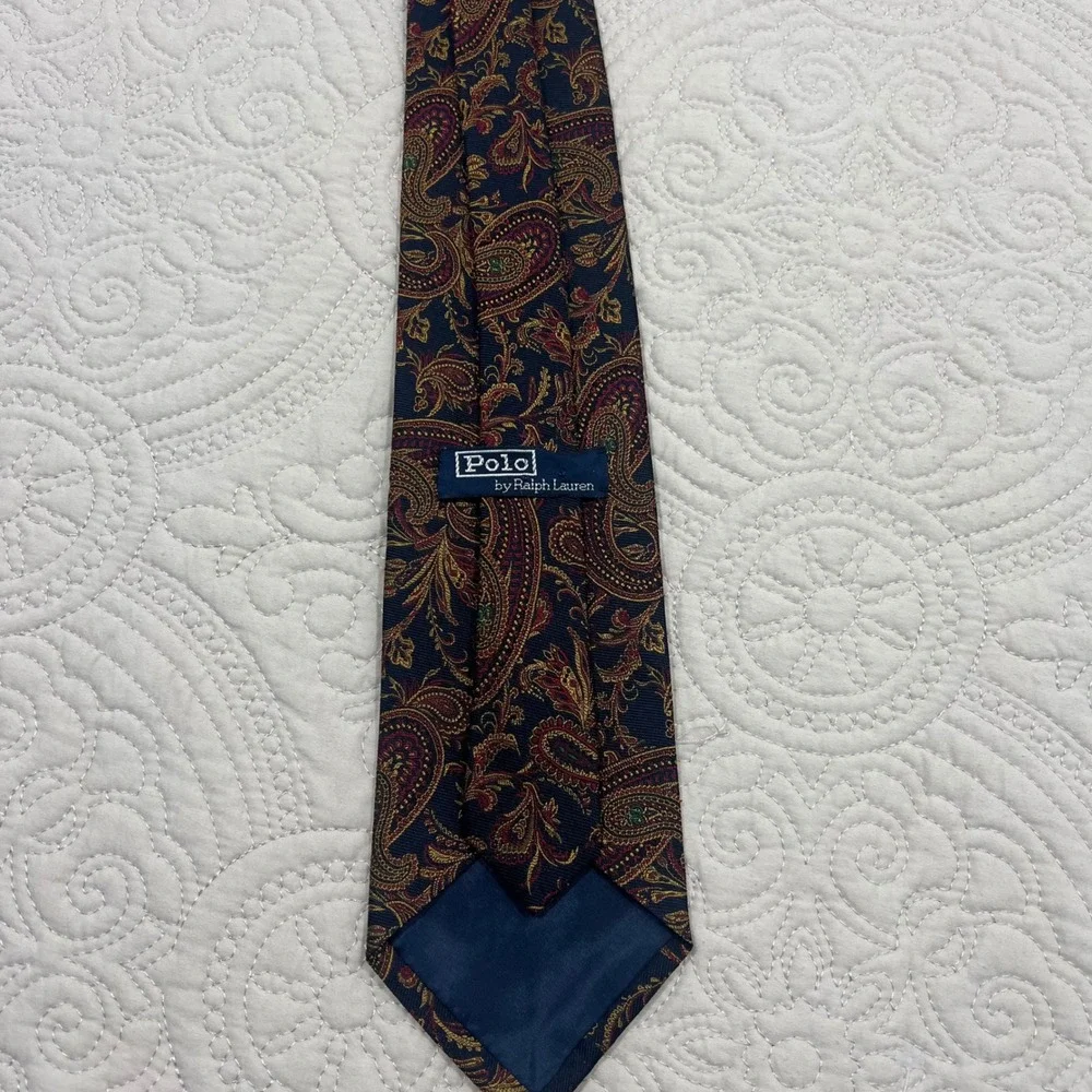 Polo Ralph Lauren Mens Silk Paisley Tie Navy Blue Red Gold Made in USA Hand Made