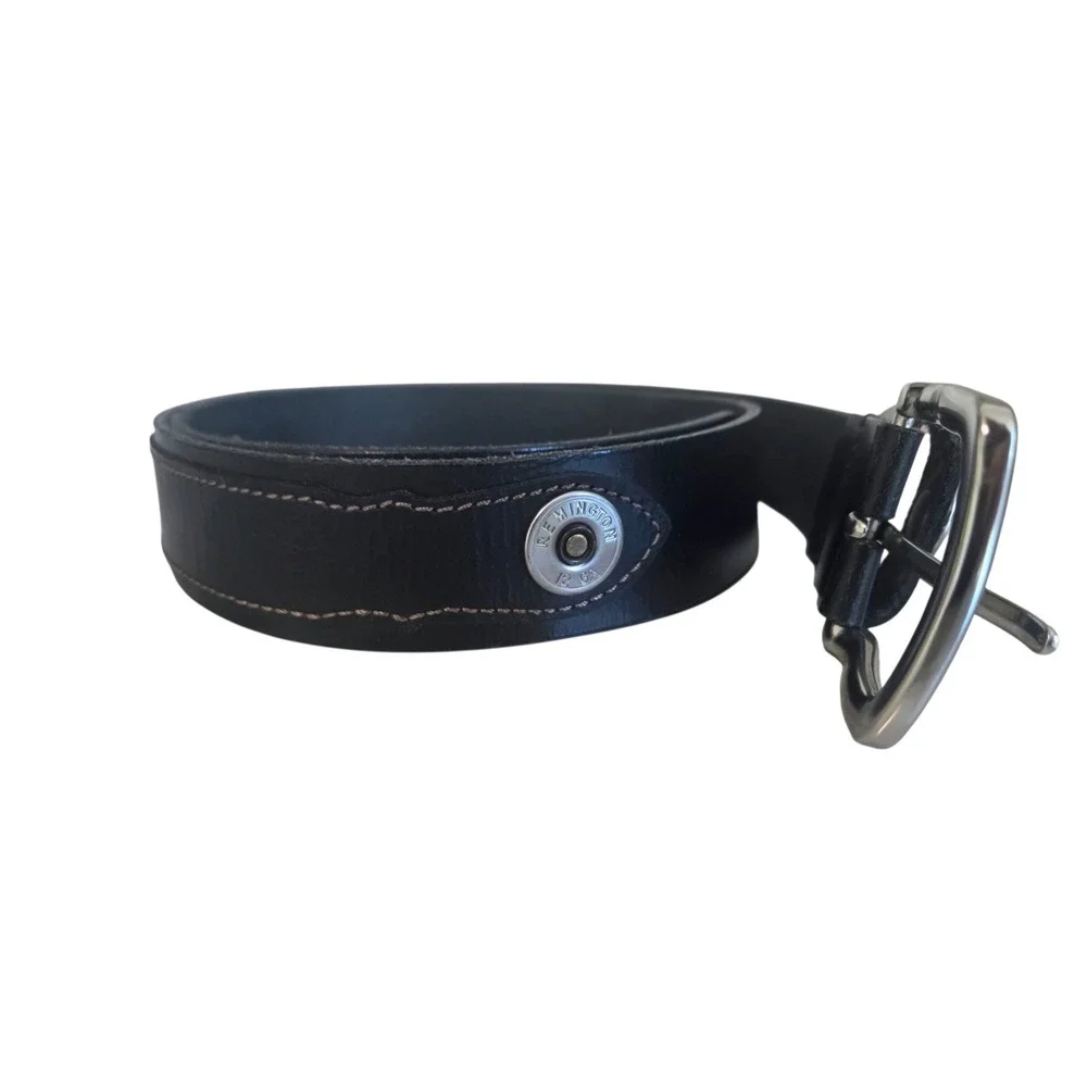 Men's Black Leather Belt Inlaid Remington 12 GA Shotgun Caps Fits 45
