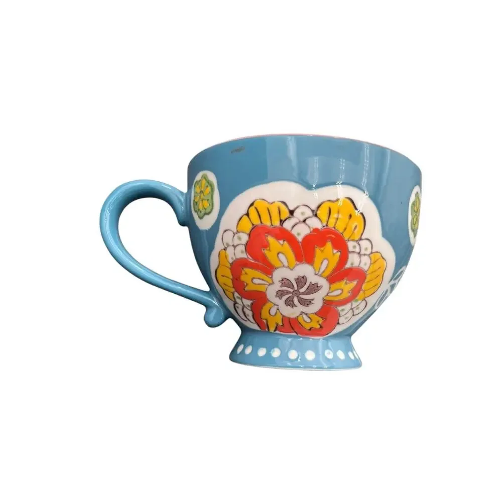 Anthropologie Dutch Wax Hand Painted Tea/Coffee Cup Blue Yellow Floral Large EUC