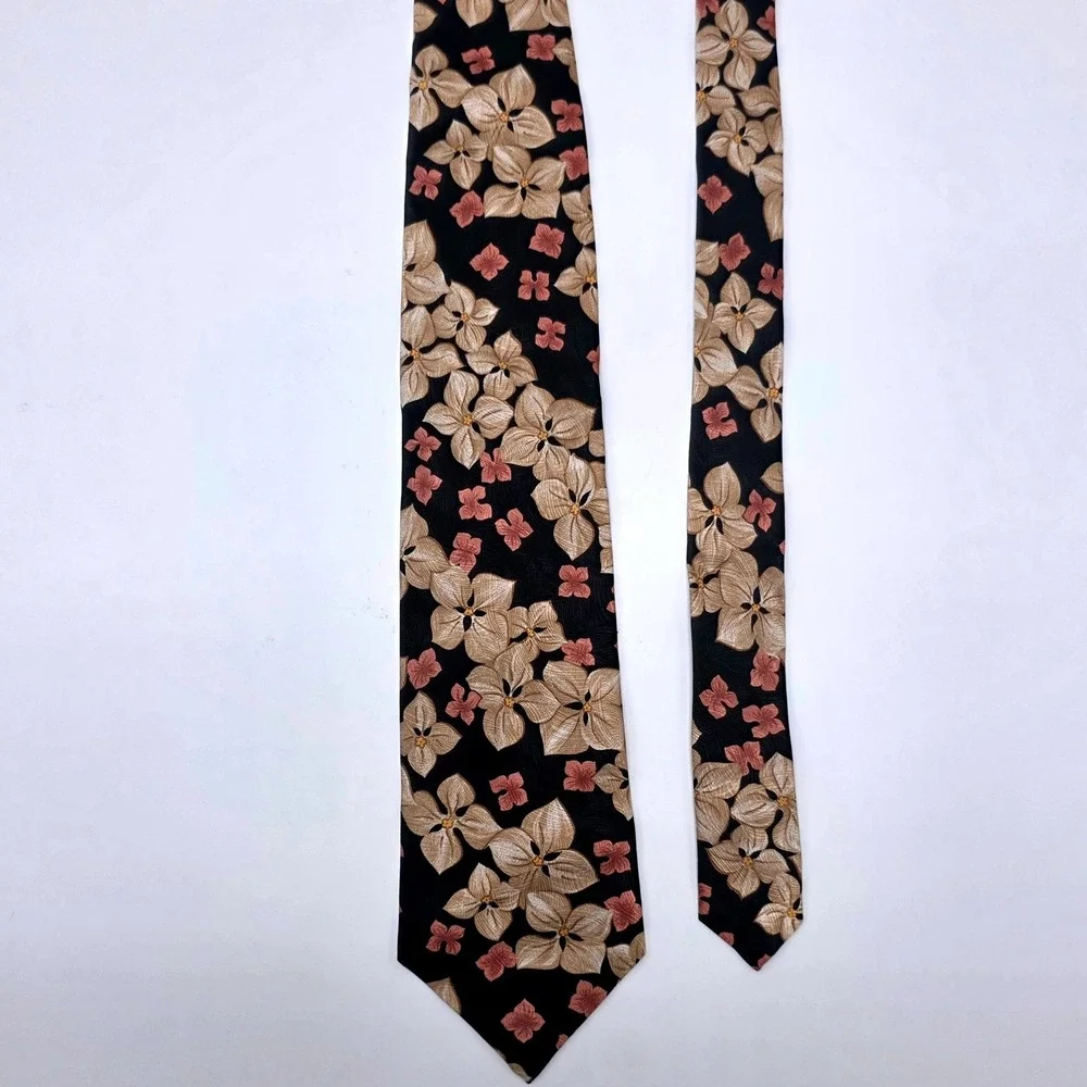 Rudy T Houston Mens Silk Floral Tie‎ Black Champagne Coral Hand Finished Spain