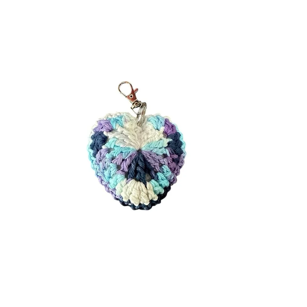 NEW handmade crocheted‎ heart keychain plush blue purple white