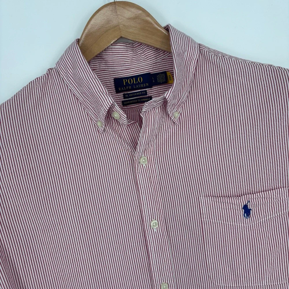 Polo Ralph Lauren Short Sleeve Seersucker Shirt Mens L Red Striped Untucked Fit