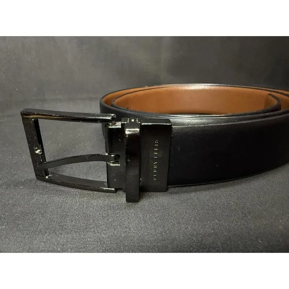 Perry Ellis Belt Men's 38 Black Faux Leather Dress Reversible Buckle‎ EUC