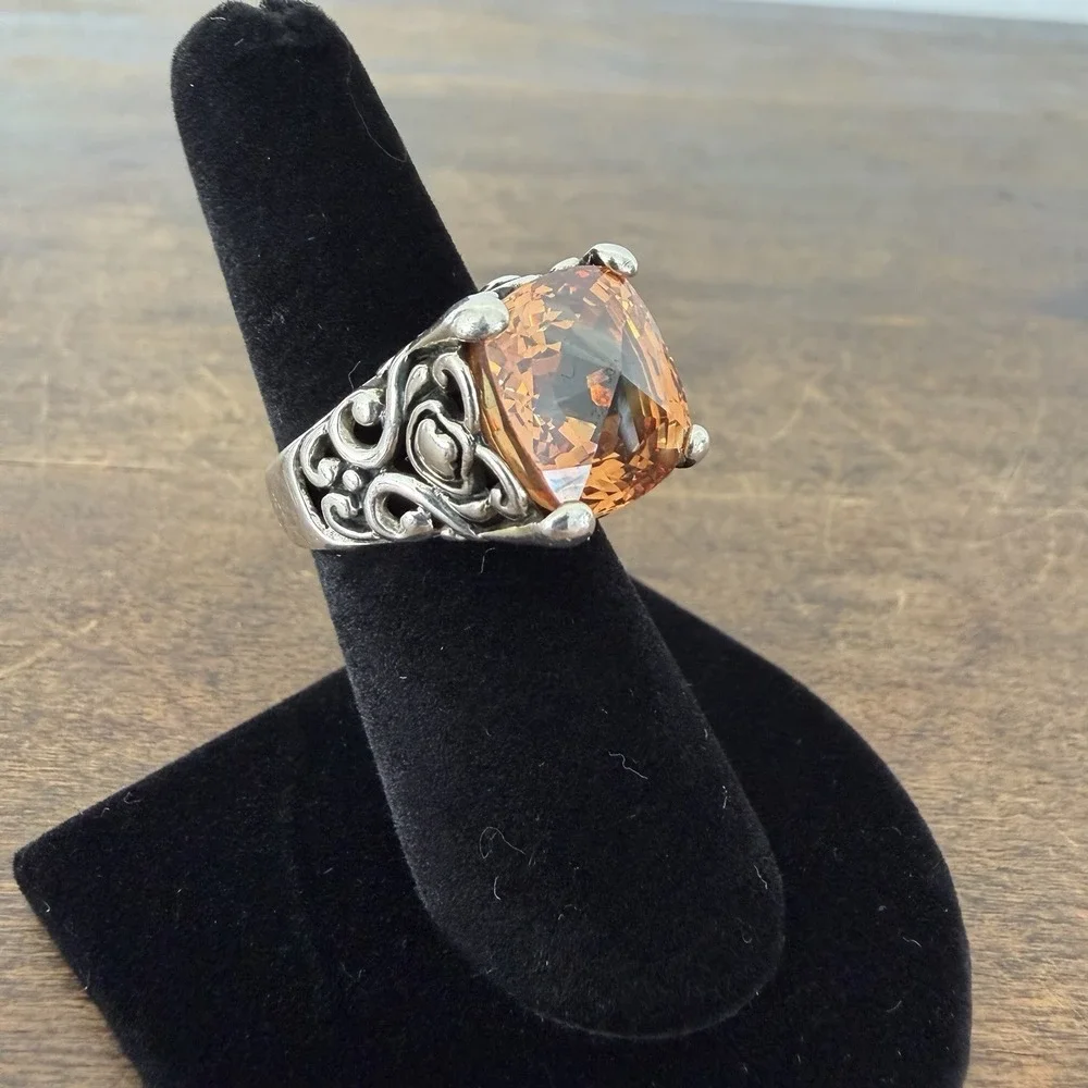 VTG Filigree Sterling Silver 925 Estate Ring Lg.  Peach Cushion Cut Ring Sz 5.75