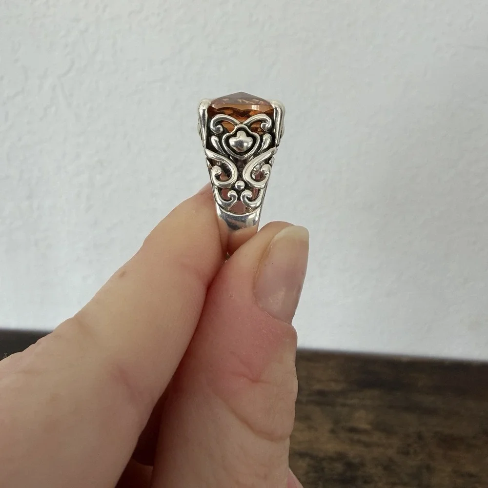 VTG Filigree Sterling Silver 925 Estate Ring Lg.  Peach Cushion Cut Ring Sz 5.75