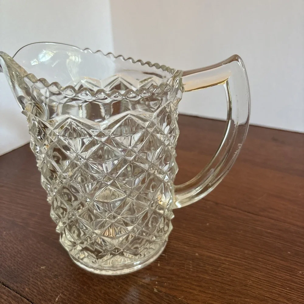 Vintage Pressed Glass Pitcher Diamond Point Sawtooth Pattern Scalloped Rim 5.5in