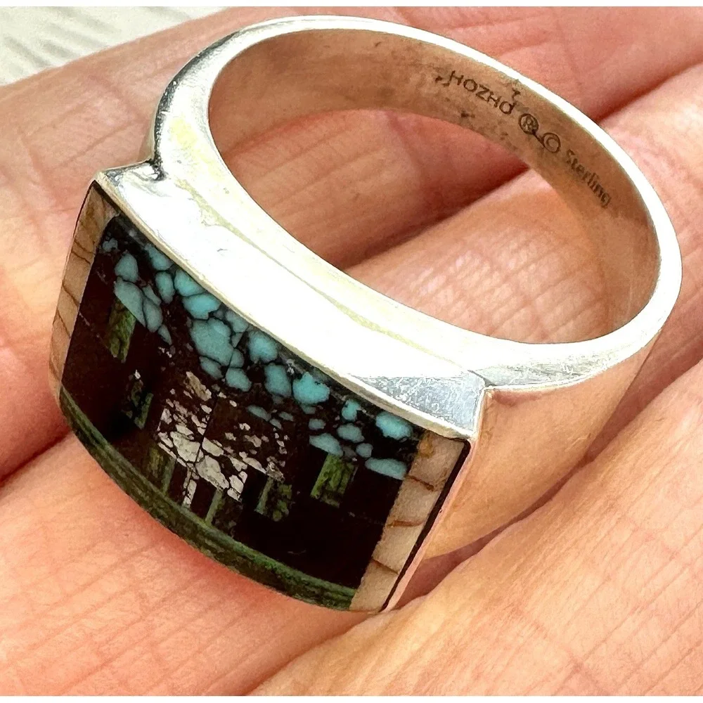 Navajo Mens Inlay Ring Turquoise Inlay Sz 12 Band 15mm Signed Tsosie Native Amer