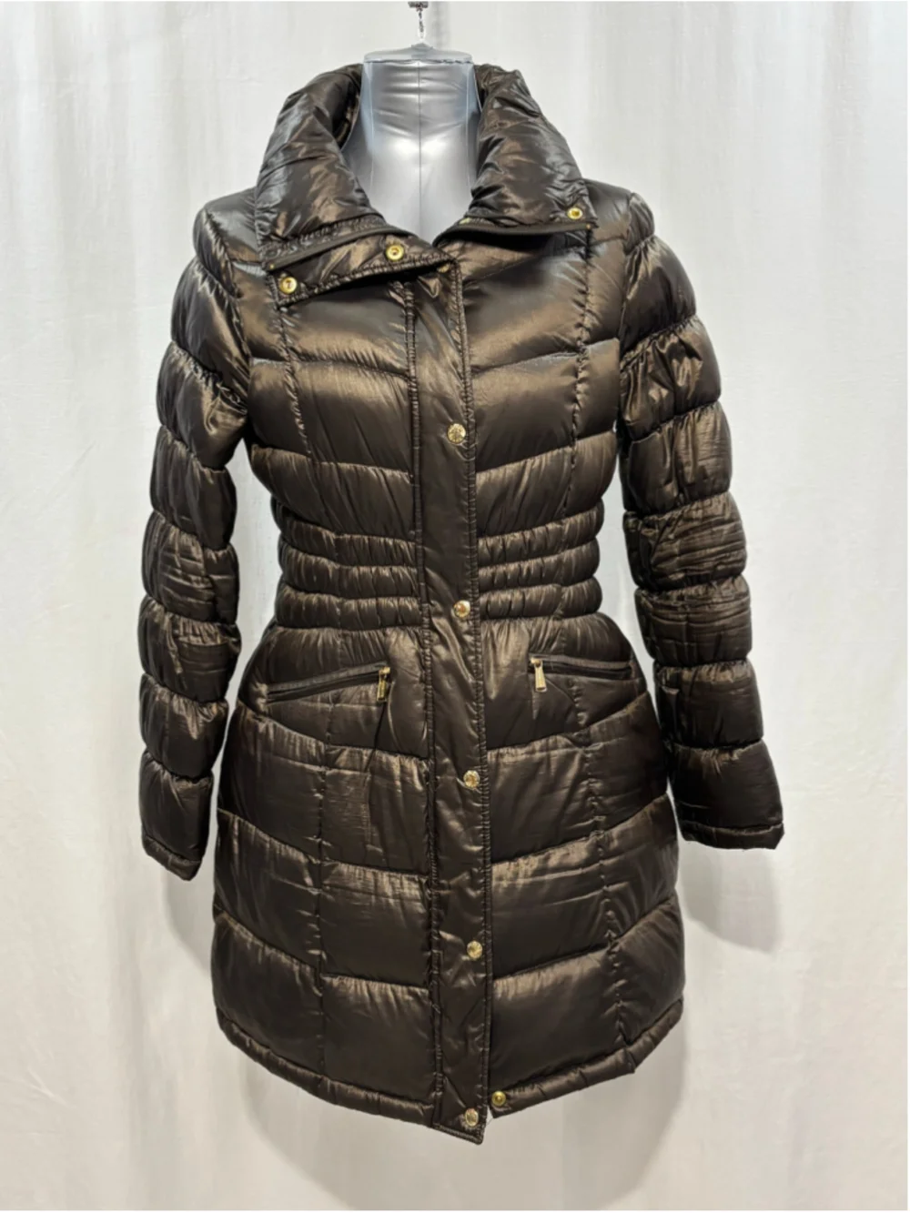 Women's Michael Kors Packable Puffer Jacket Brown Bronze Gold Hardware Large