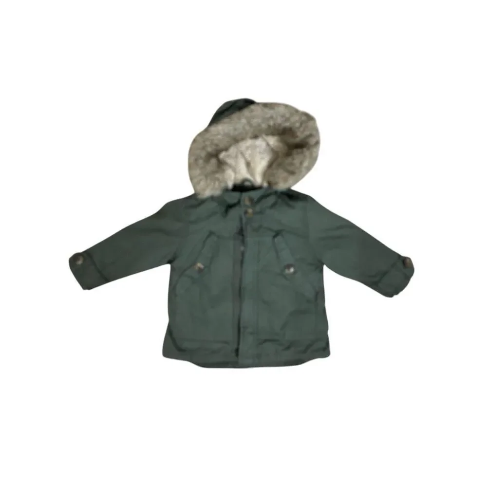 Zara Baby Green Hooded Jacket Faux Fur Size 9-12M
