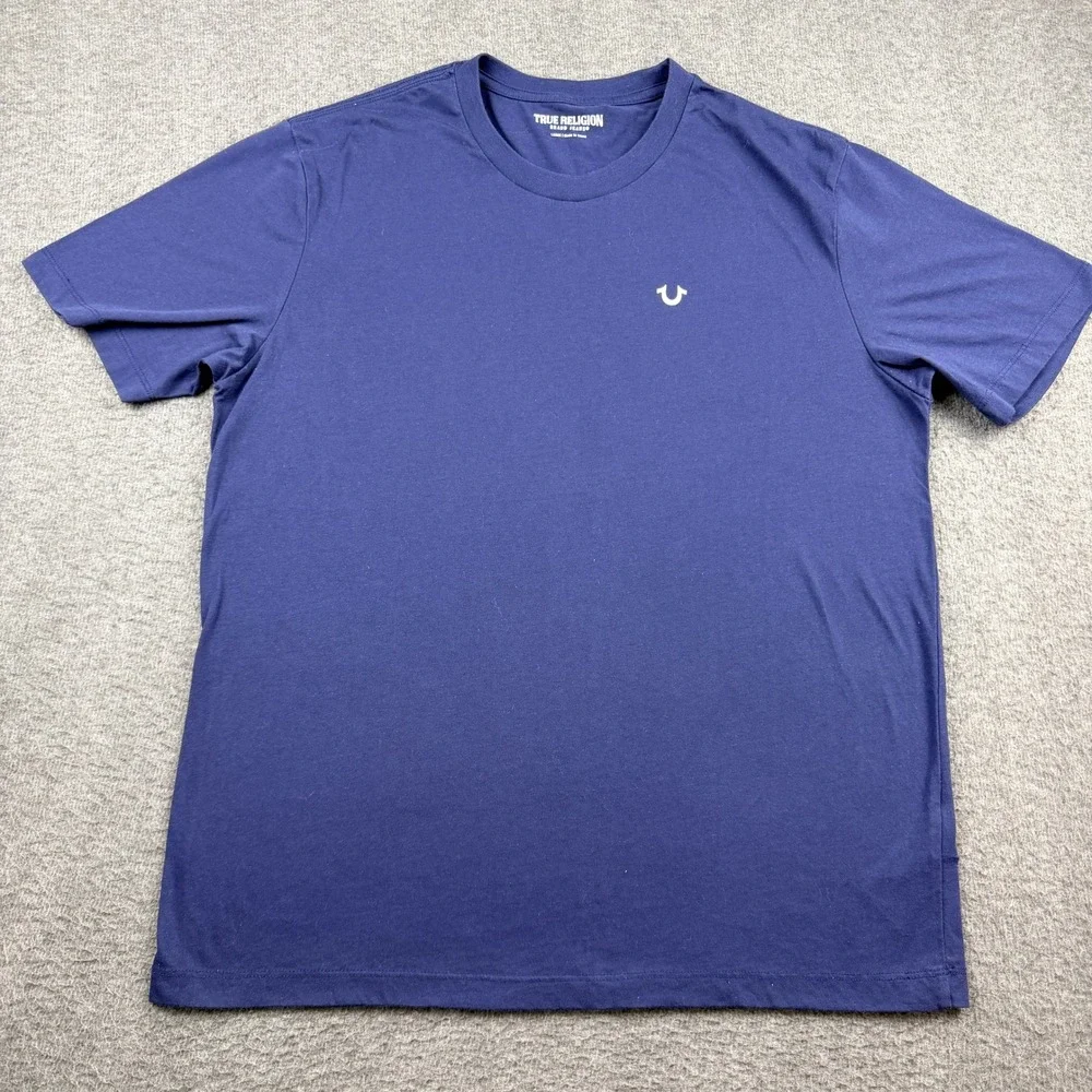True Religion Men's L Large Buddha Guitar‎ Graphic Short Sleeve Tee Navy Blue