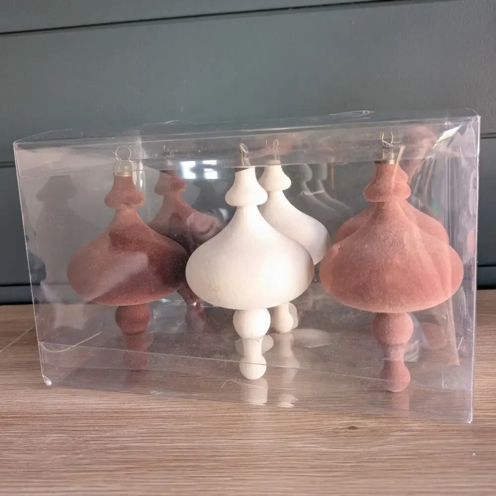 NEW Hobby Lobby Brown Cream Flocked Finial Ornament Set of 6