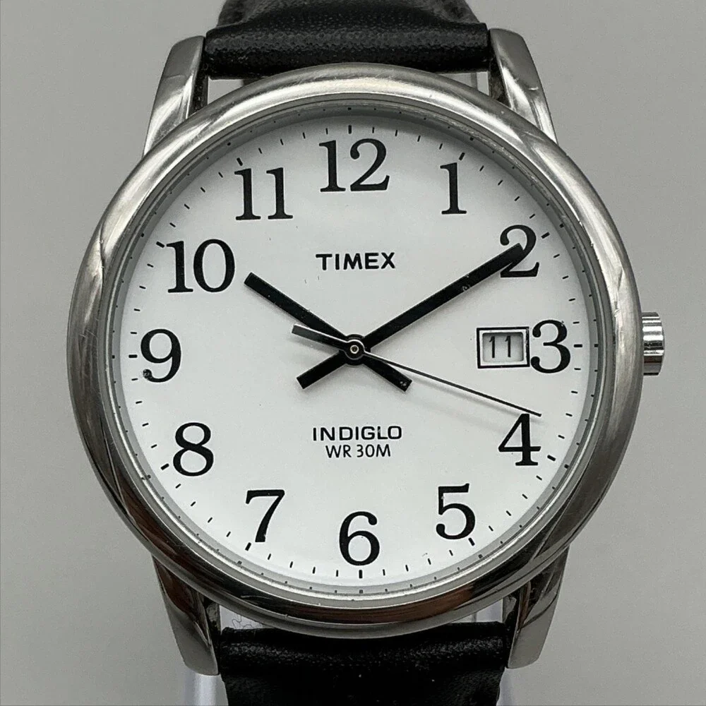 Timex Indiglo Mens Watch 35mm White Dial Black Leather Date New Battery