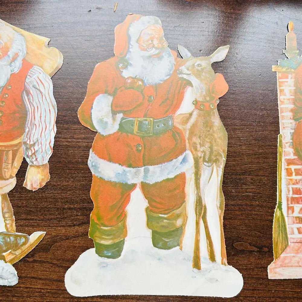 3 Santa Paper Cut Outs Christmas Wall Decor Vintage 11.5