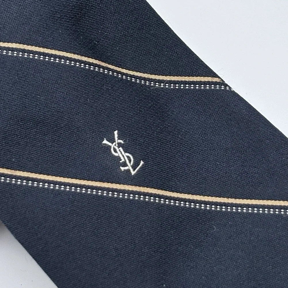 Yves Saint Laurent Tie Mens Black Tan Stripe YSL Logo 3