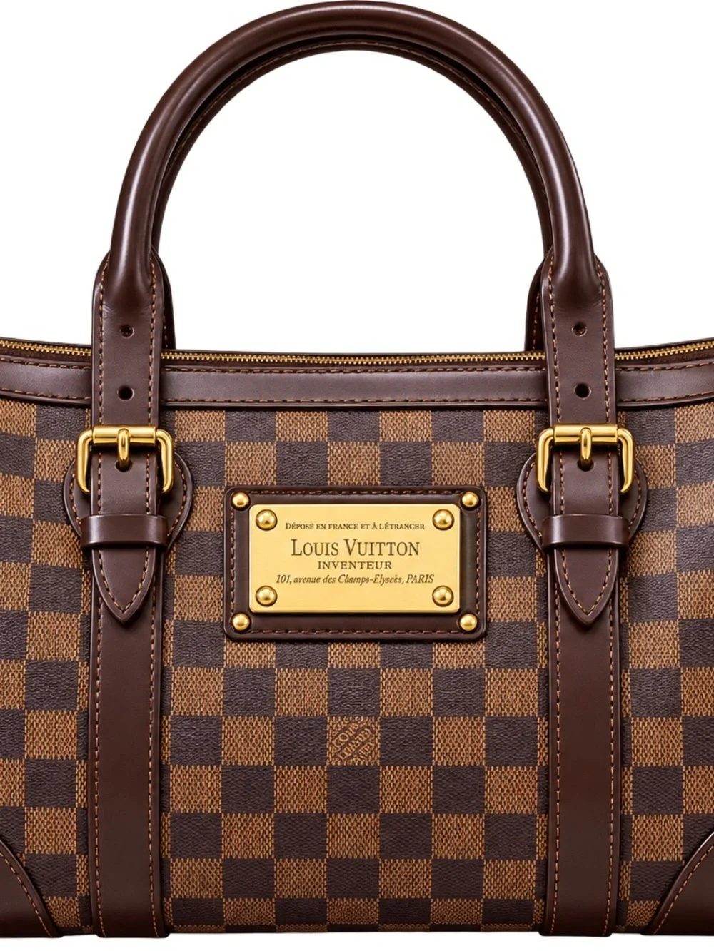 Louis Vuitton Berkeley Brown Damier Ebene Leather Satchel with Gold Plaque Purse