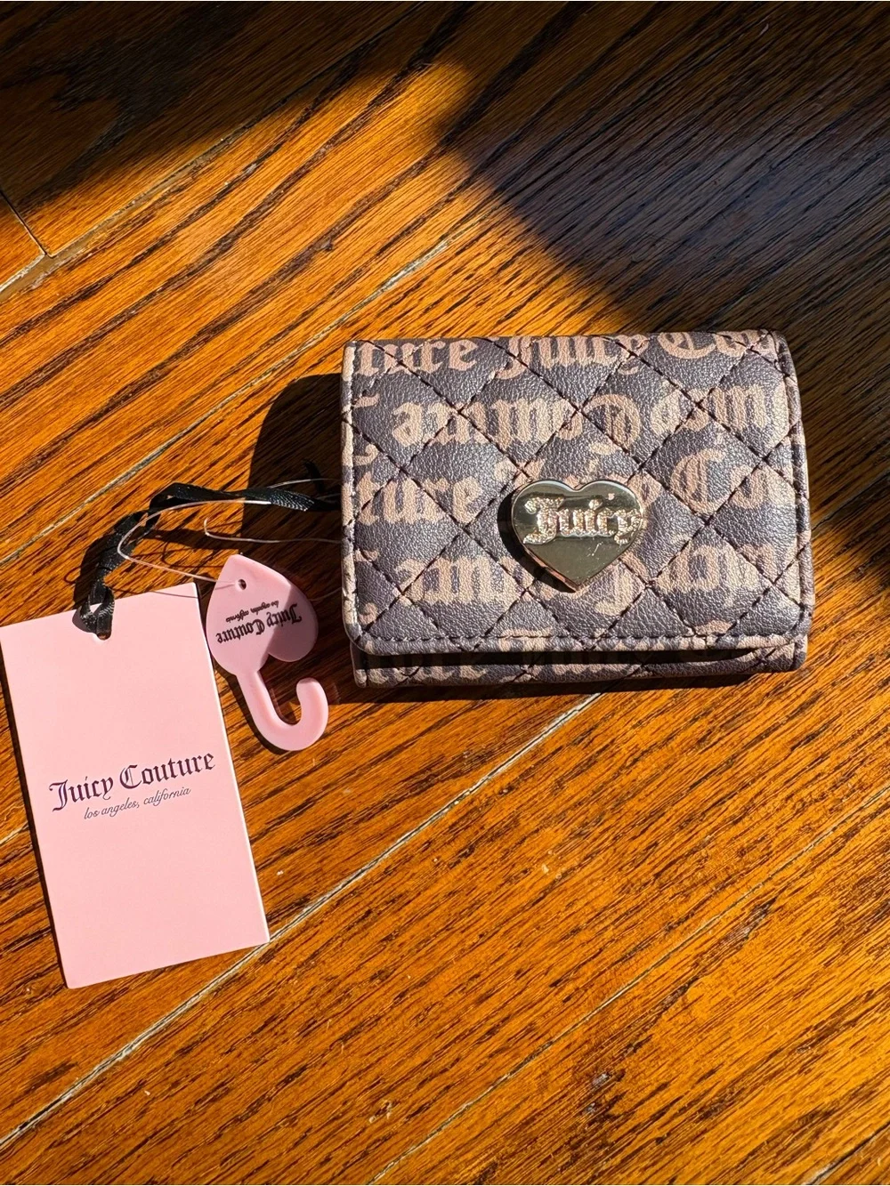 Juicy Couture Brown Quilted Signature Logo Trifold Wallet with Gold Heart Plaque