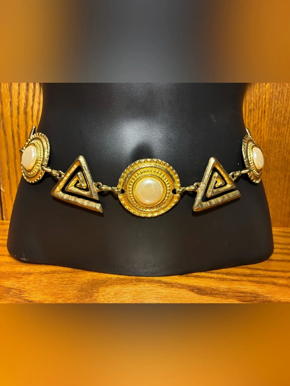 Vintage Gold Tone Geometric Statement Chain Belt Faux Pearl 40.5”