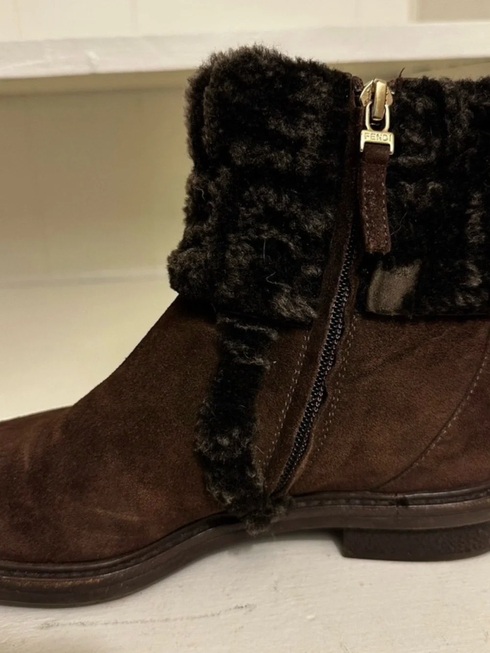 Fendi Zucca FF Logo Shearling Cuff Suede Ankle Boots Brown IT 36.5 US 5.5